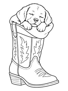 A sweet puppy napping inside a decorated boot on this cowboy coloring page.