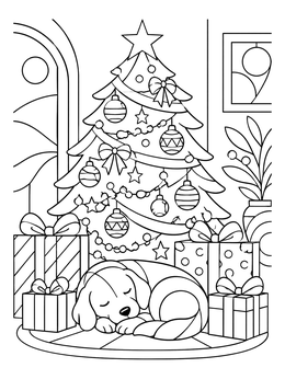 A peaceful puppy sleeps among gifts in this cozy christmas tree coloring page.