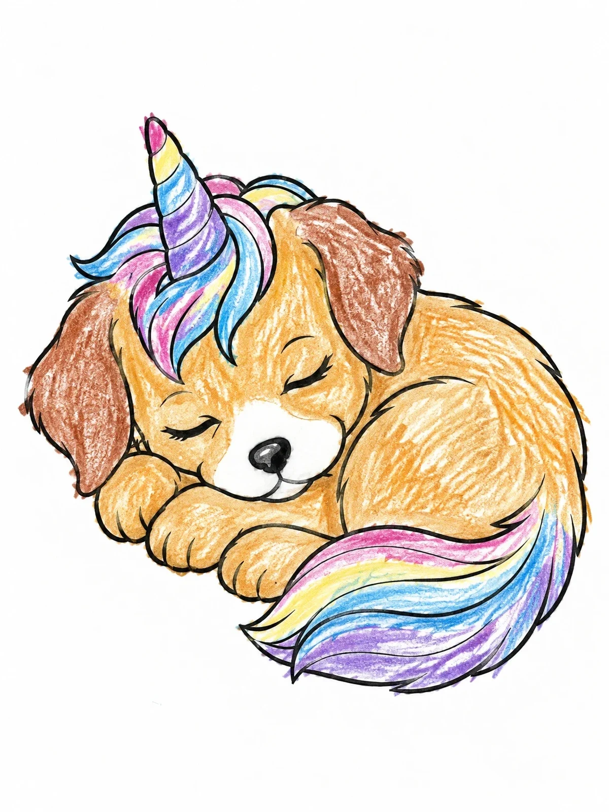 Colored example of the Sleeping Puppy Unicorn Curled Up coloring page