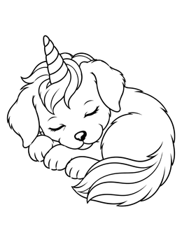 A sweet puppy unicorn coloring page showing a sleeping pup curled up peacefully.