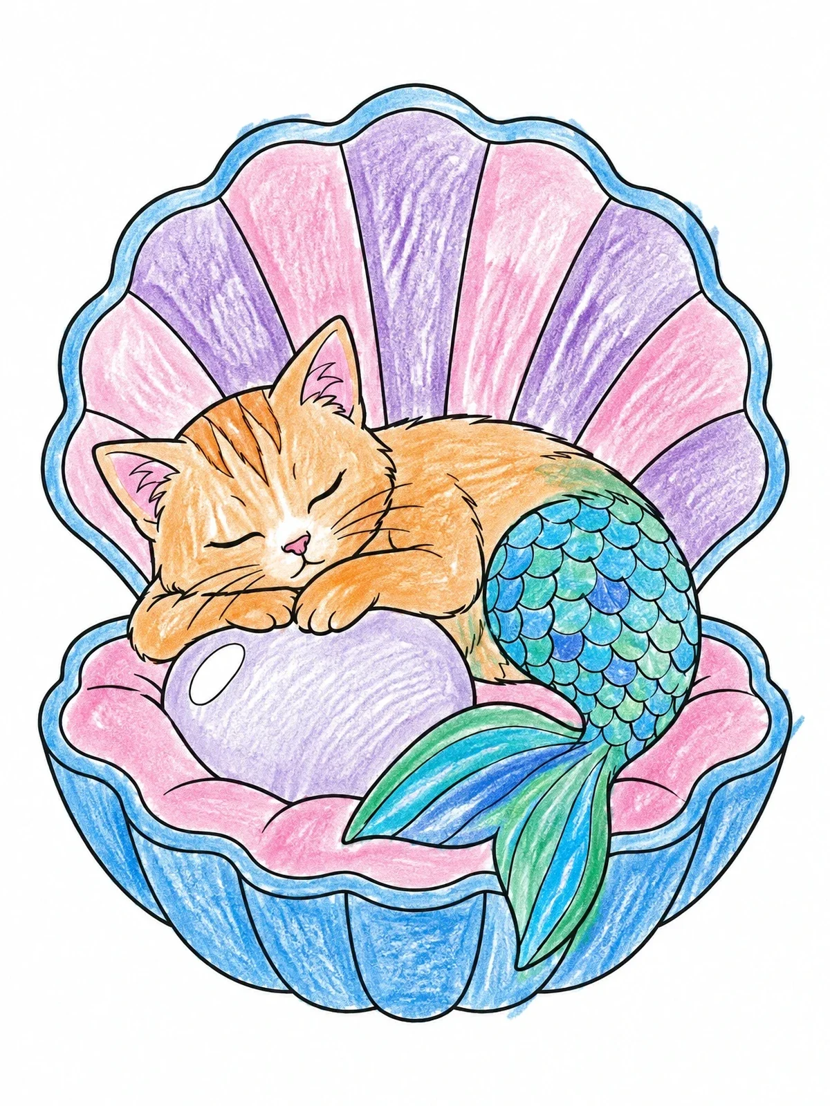 Colored example of the Sleeping Purrmaid In Clamshell coloring page