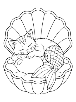 A sweet purrmaid coloring page showing a kitten mermaid sleeping on a pearl inside an open shell.