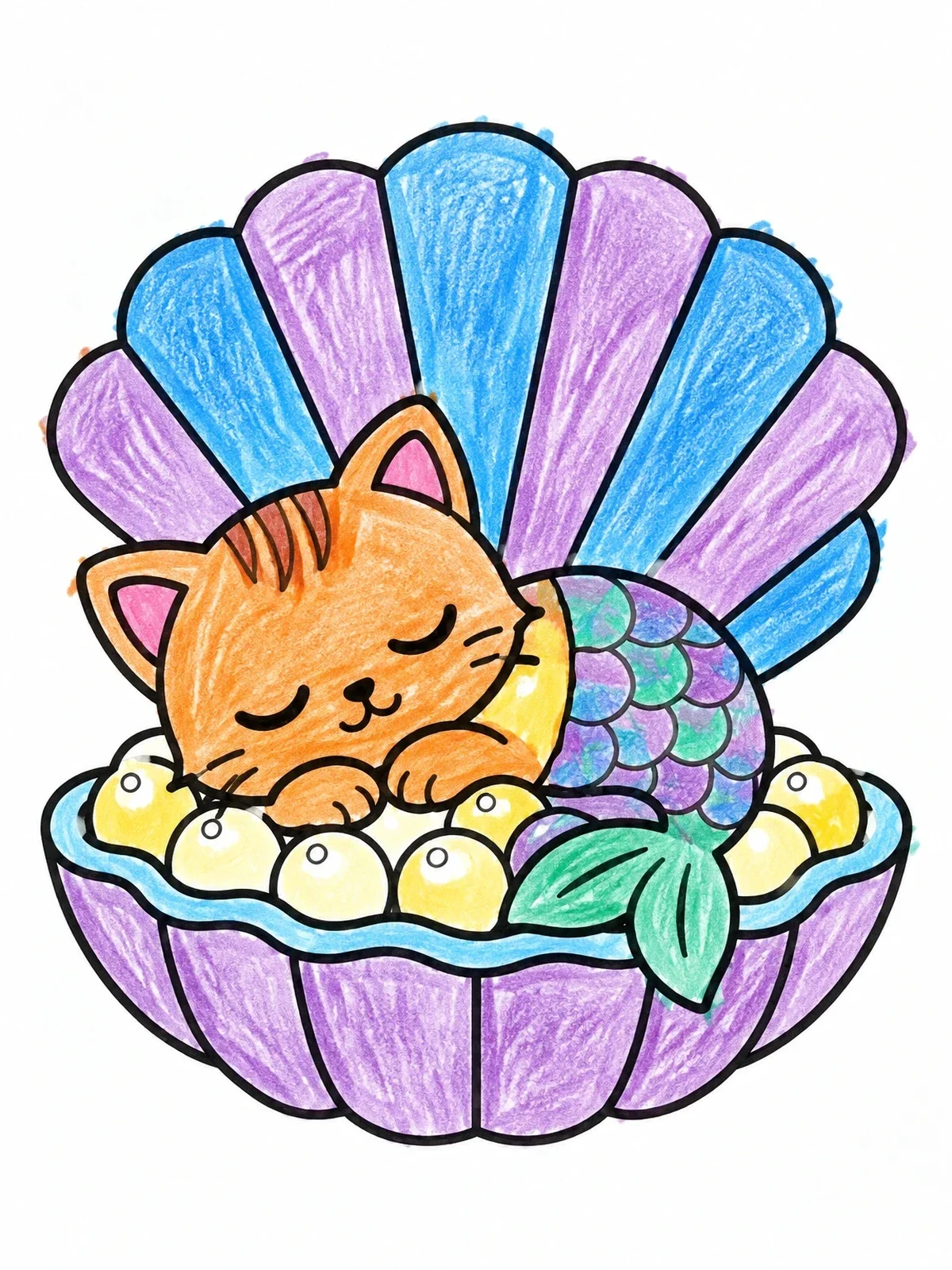 Colored example of the Sleeping Purrmaid In Clamshell coloring page