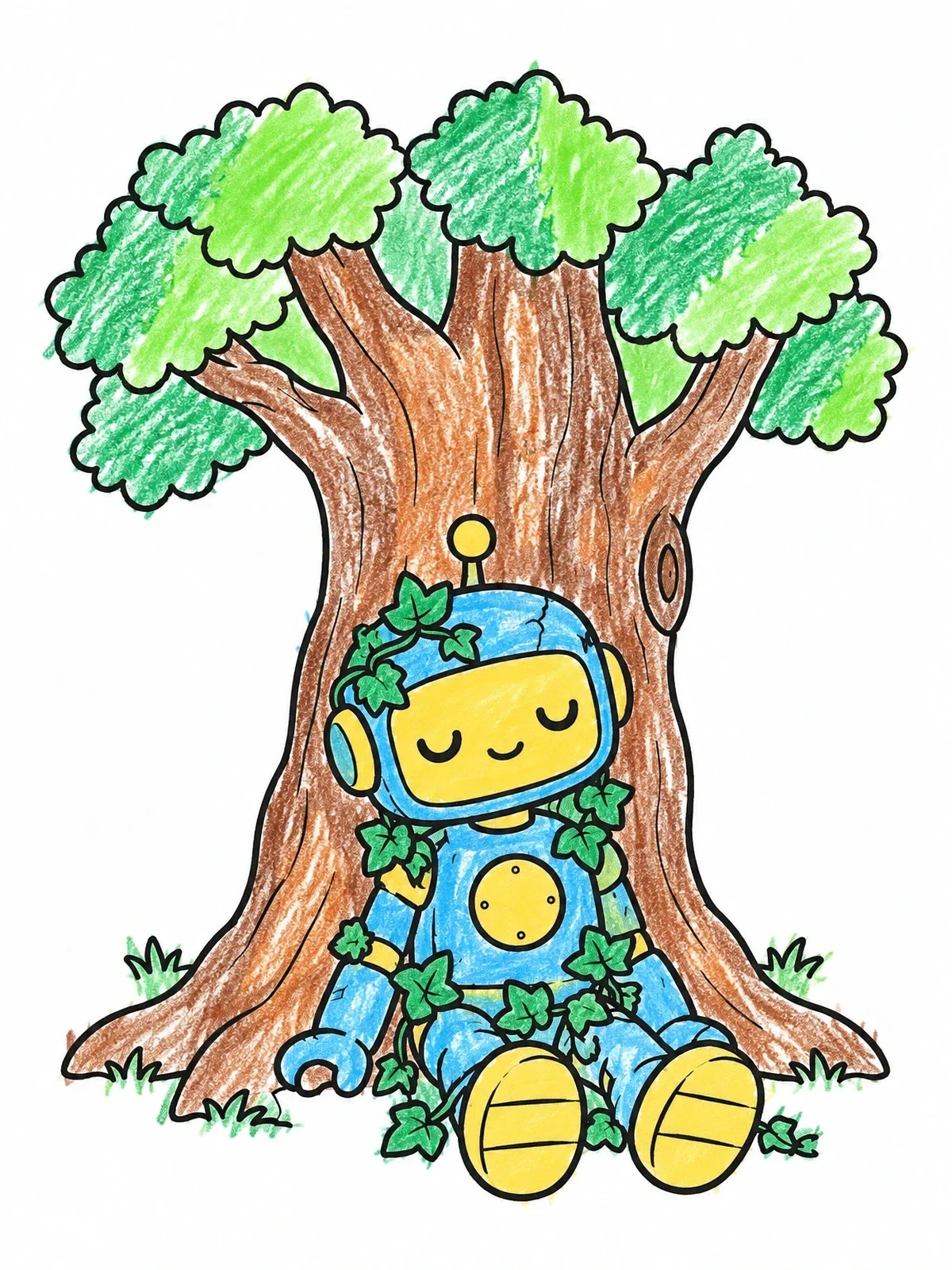 Colored example of the Sleeping Robot Under Ancient Tree coloring page