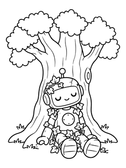 A cute robot coloring page showing a friendly robot resting under a large tree covered in ivy leaves.