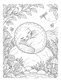 A cute seal coloring page showing a round pup asleep on a smooth rock surrounded by nature.