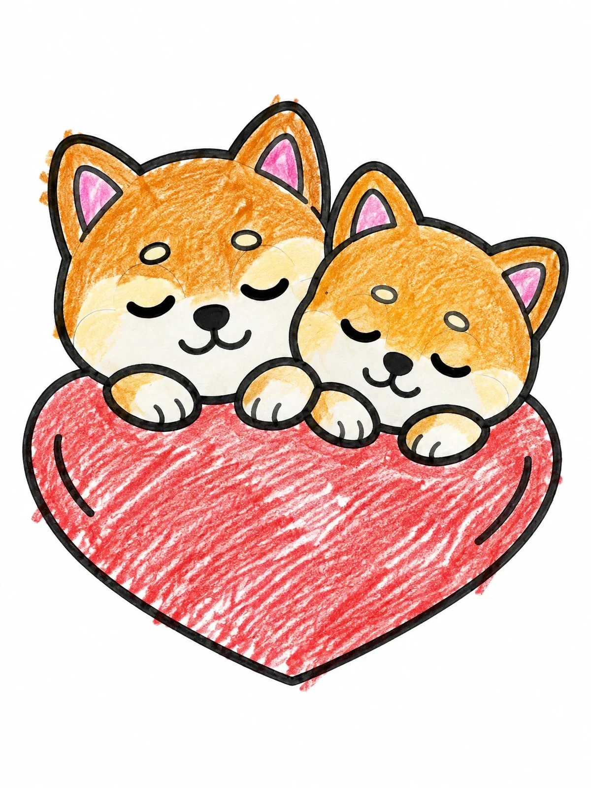 Colored example of the Sleeping Shiba Puppies On Heart Cushion coloring page