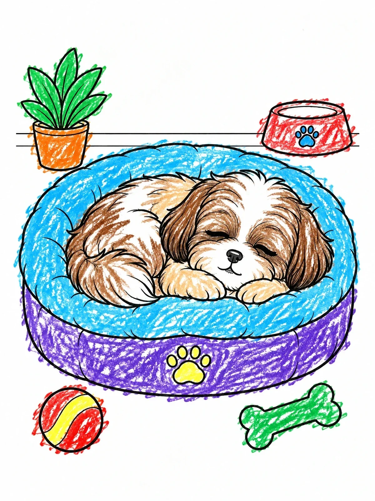 Colored example of the Sleeping Shih Tzu Puppy In Bed coloring page