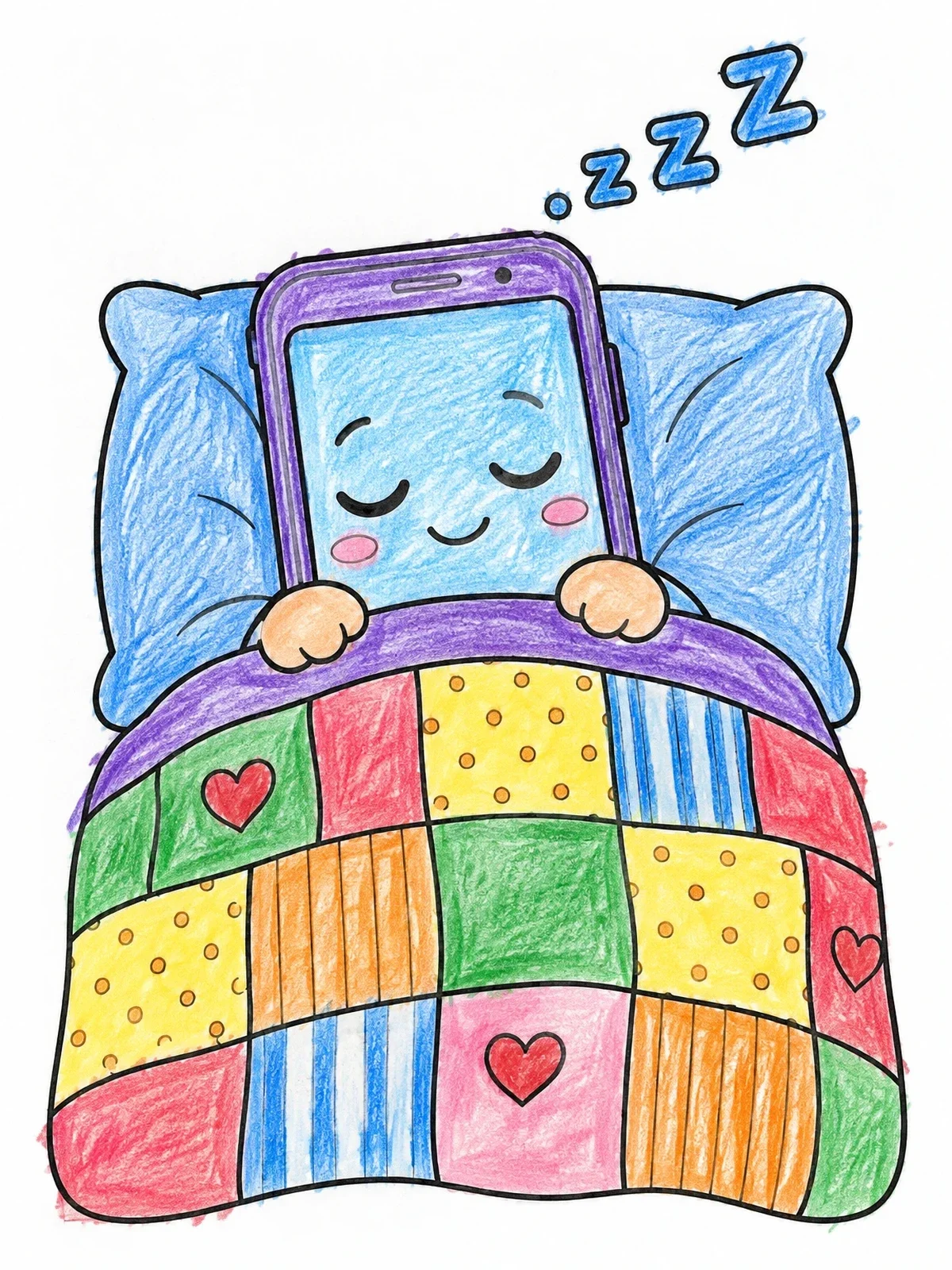 Colored example of the Sleeping Smartphone Under Patchwork Blanket coloring page