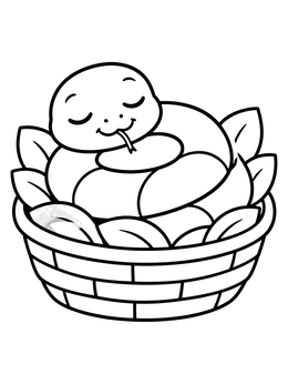 A cute snake coloring page featuring a chubby serpent napping in a woven basket.