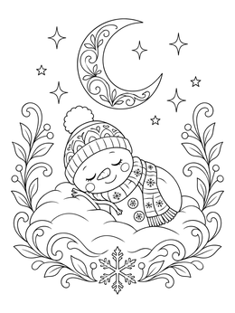 A cute sleeping snowman coloring page resting on a snowdrift under a crescent moon.