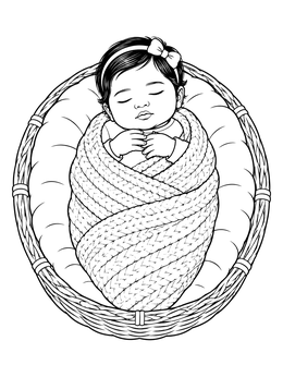 A peaceful baby girl coloring page featuring a swaddled infant sleeping inside a round wicker basket.