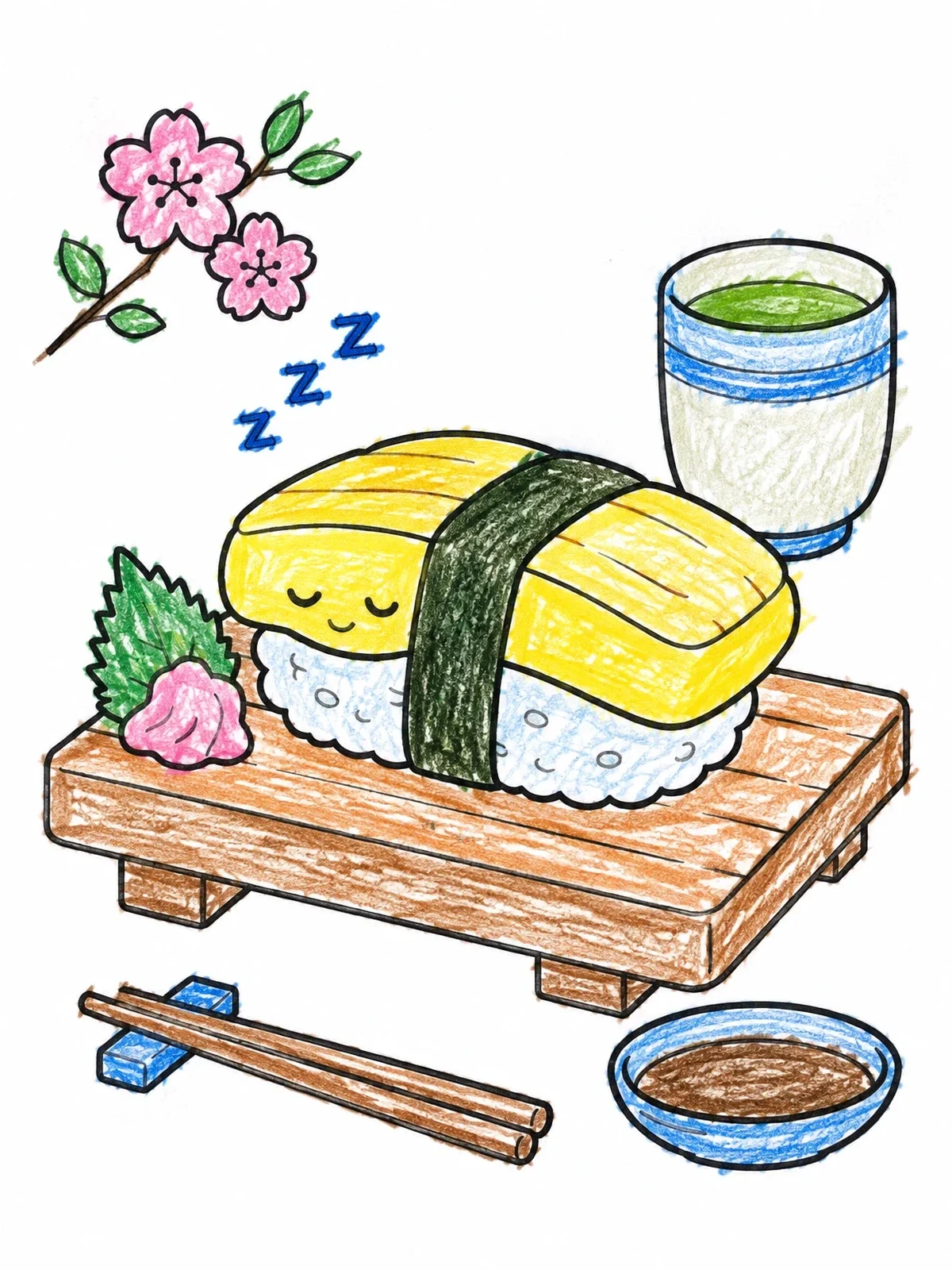 Colored example of the Sleeping Tamago Nigiri On Wooden Board coloring page