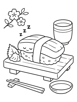 Free printable Sleeping Tamago Nigiri On Wooden Board coloring page