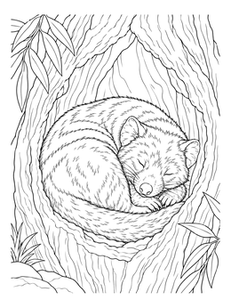 A sleeping tasmanian devil coloring page curled up peacefully inside a hollow tree trunk.