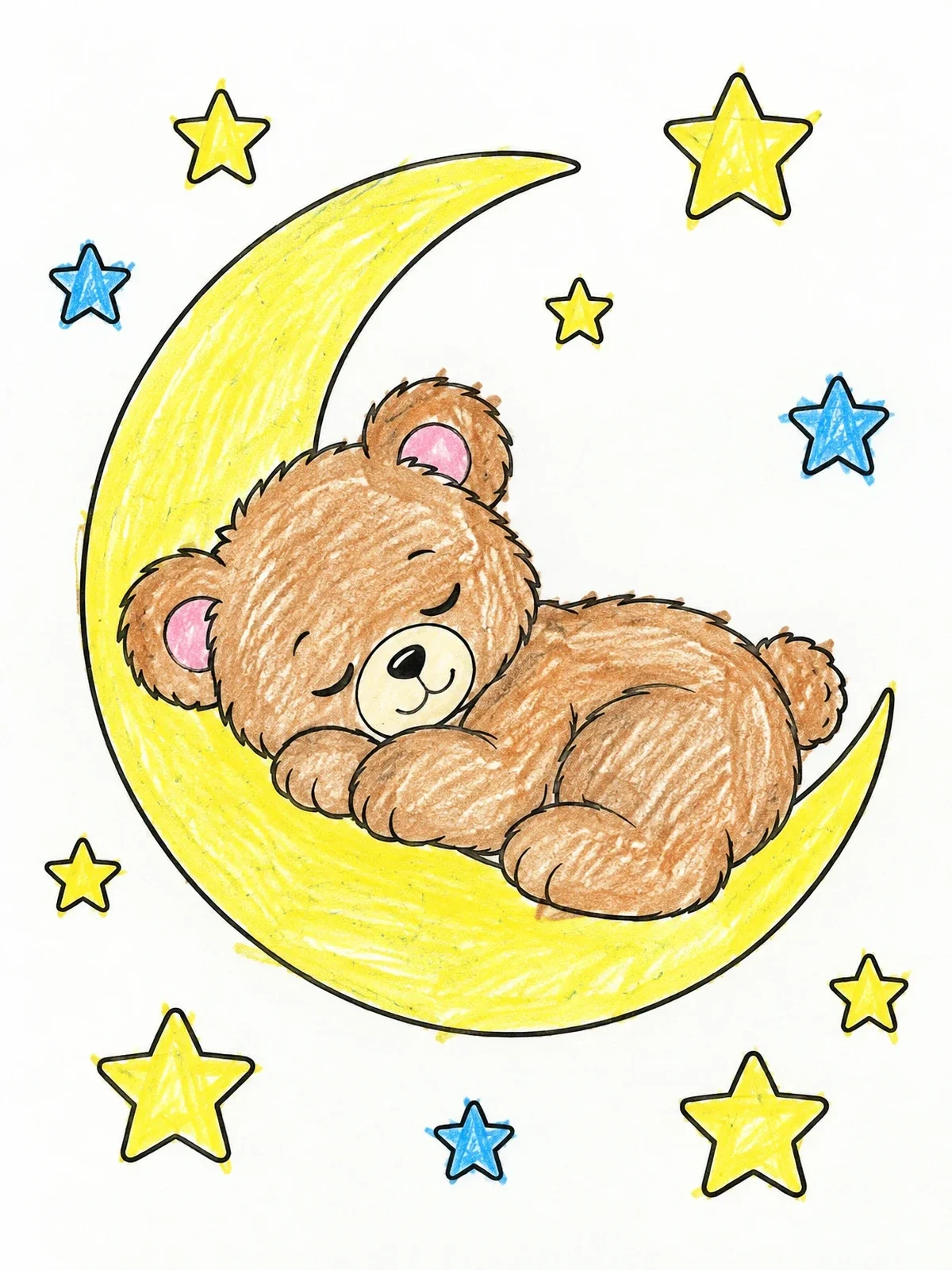 Colored example of the Sleeping Teddy Bear On Crescent Moon coloring page