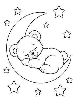 A cute teddy bear coloring page with a sleeping bear resting on a crescent moon among stars.