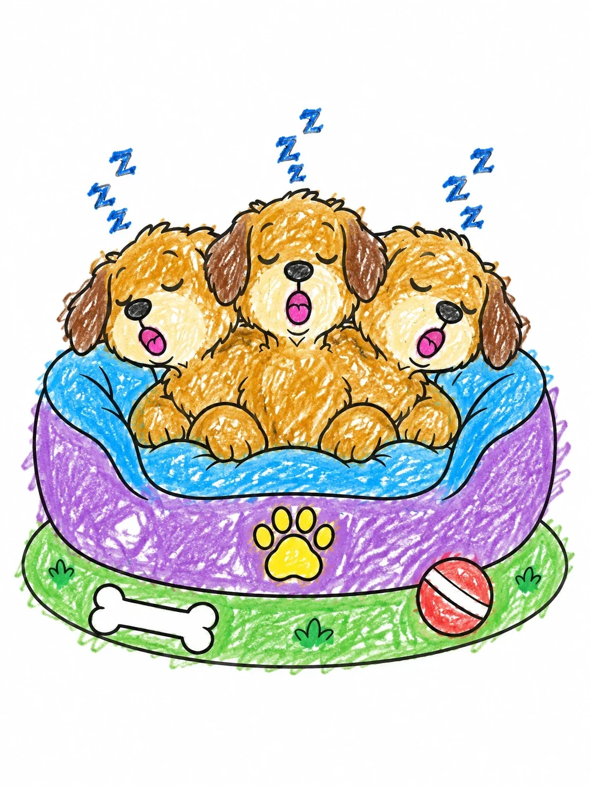 Colored example of the Sleeping Three Headed Puppy In Bed coloring page