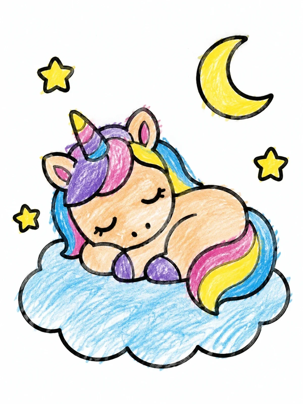 Colored example of the Sleeping Unicorn On A Cloud coloring page
