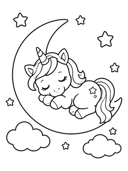 Free printable Sleeping Unicorn On Crescent Moon coloring page