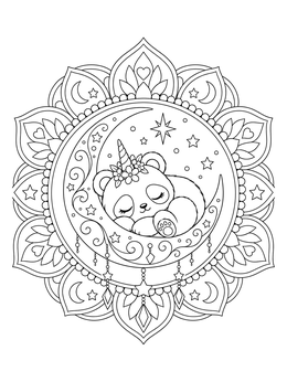 A cute unicorn panda coloring page resting inside a crescent moon and mandala frame.