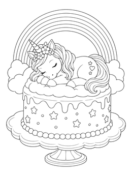A peaceful unicorn cake coloring page featuring a sleeping pony topper and rainbow.