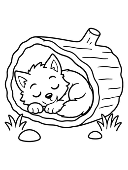 A werewolf coloring page with a cute pup sleeping inside a hollow tree log.