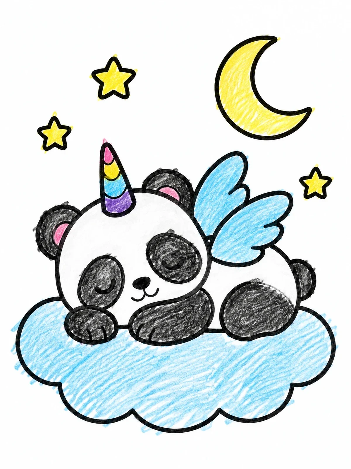 Colored example of the Sleeping Winged Unicorn Panda coloring page