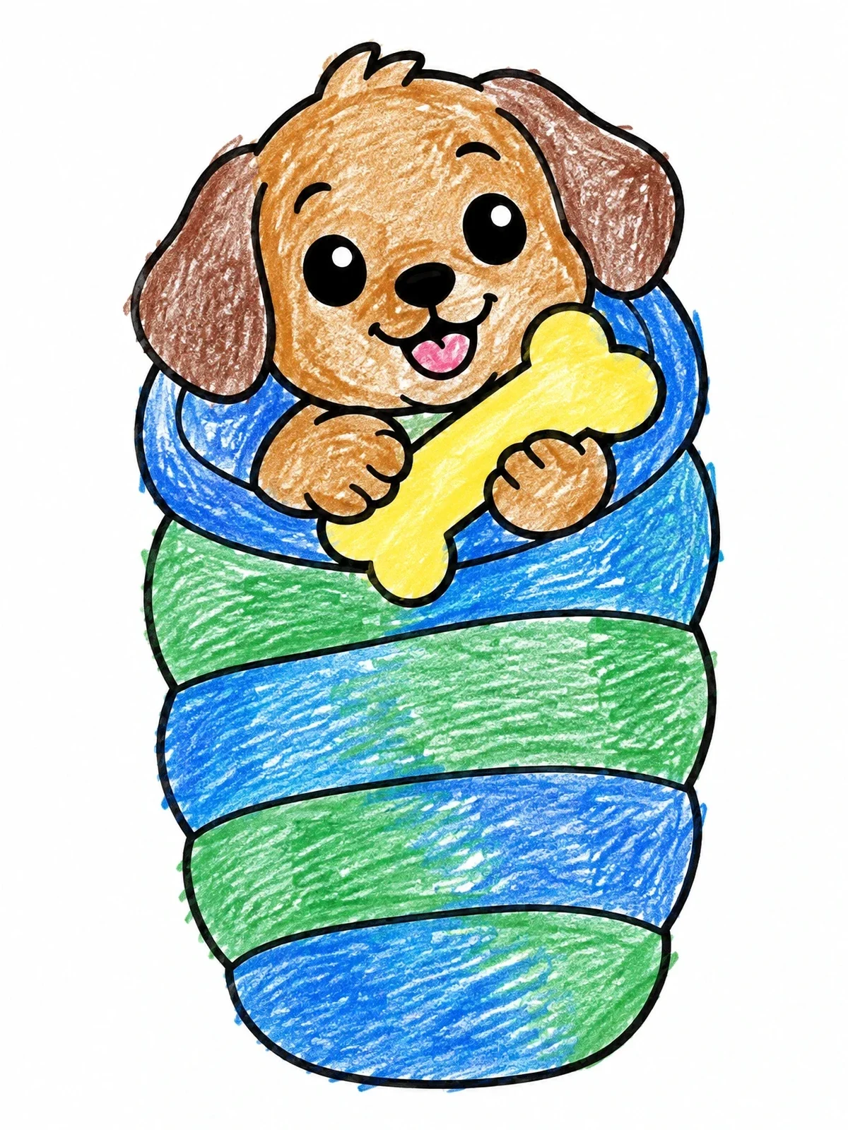 Colored example of the Cozy Puppy In A Sleeping Bag coloring page