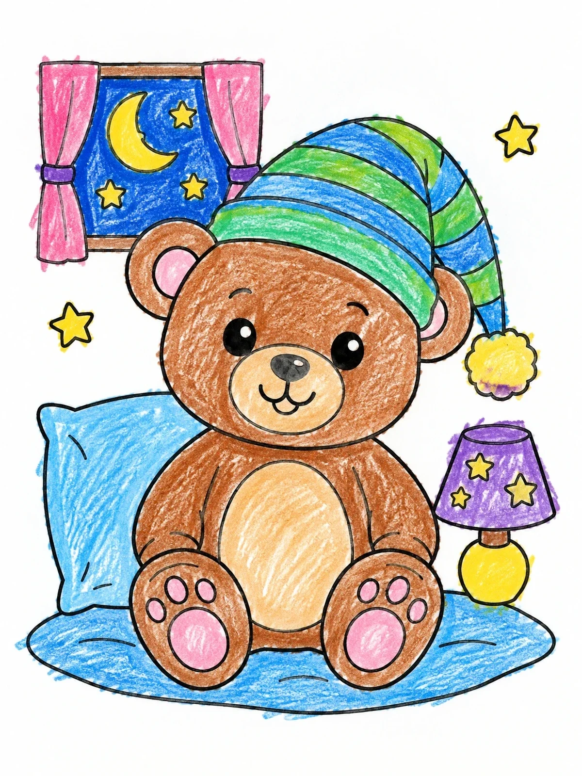 Colored example of the Cozy Teddy Bear In Nightcap coloring page