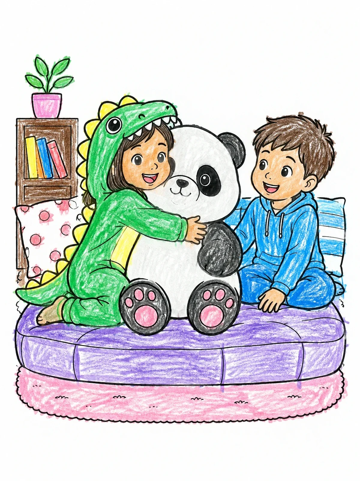 Colored example of the Sleepover Fun With Giant Panda Plush coloring page