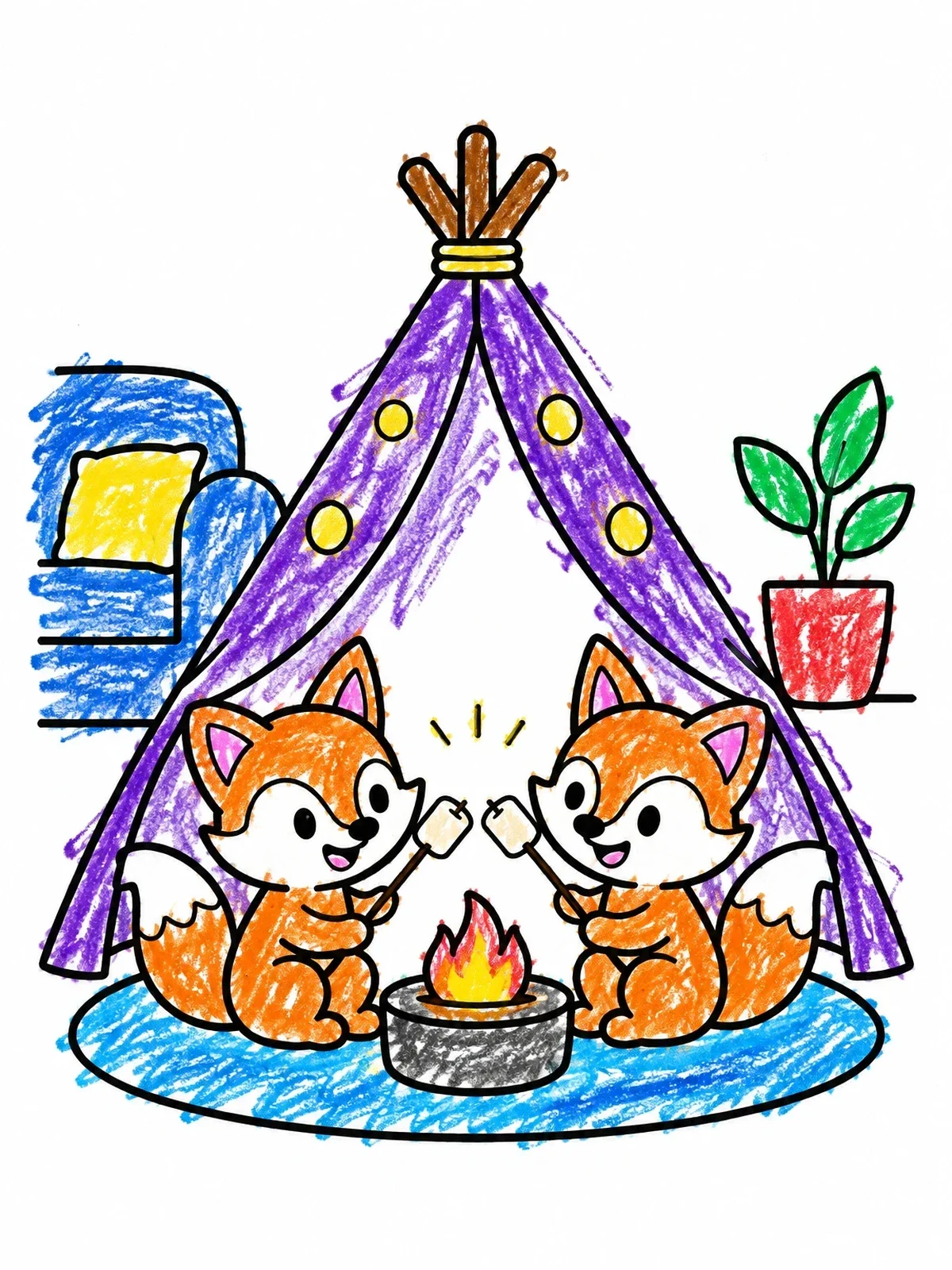 Colored example of the Foxes Camping In Indoor Tent coloring page
