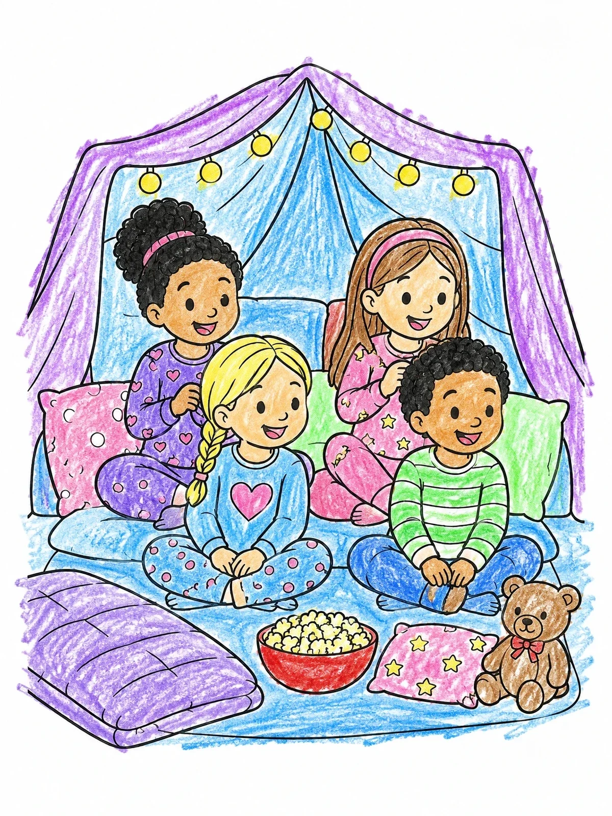 Colored example of the Friends Braiding Hair In Blanket Fort coloring page