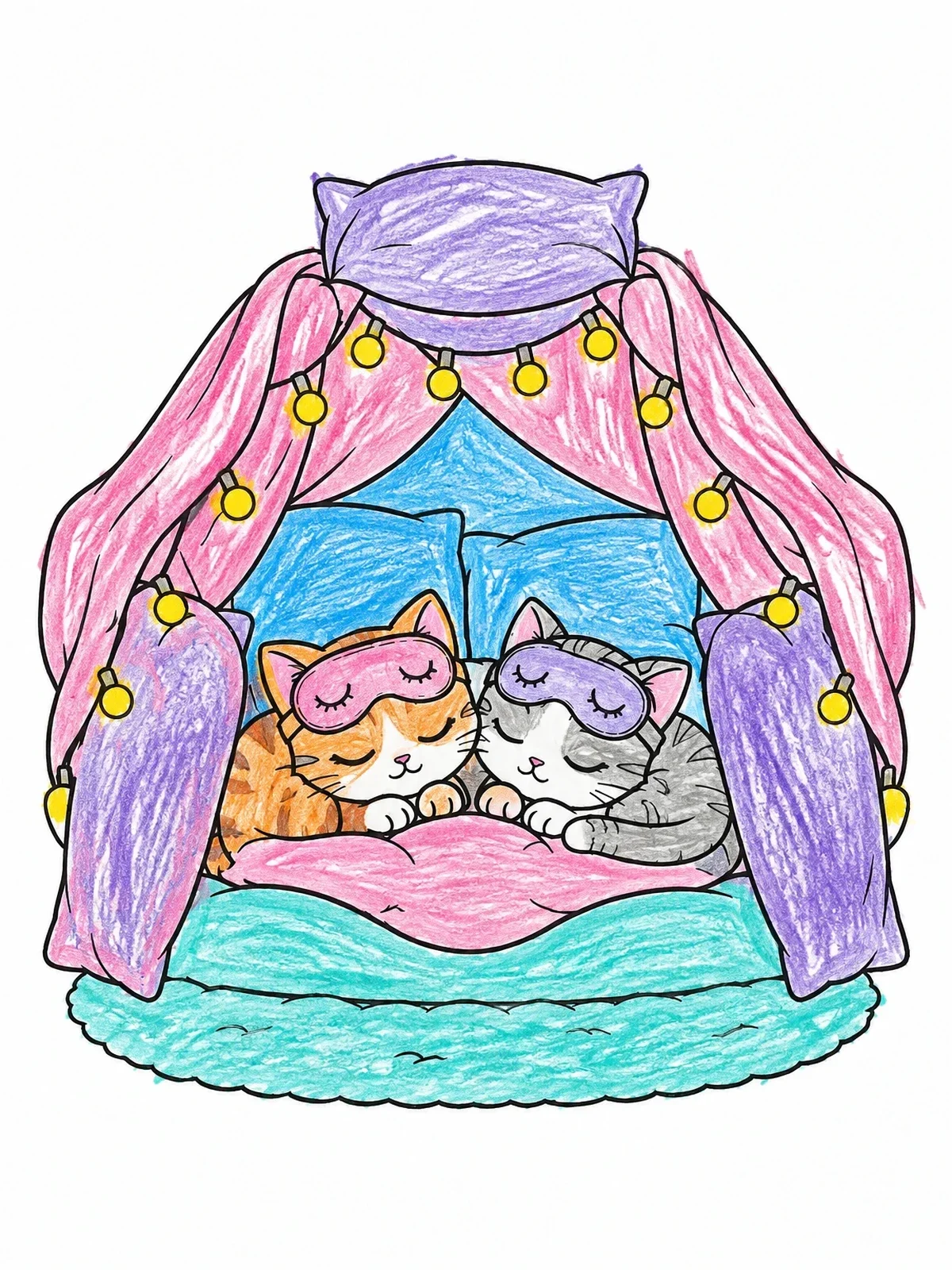 Colored example of the Kittens Sleeping In A Pillow Fort coloring page