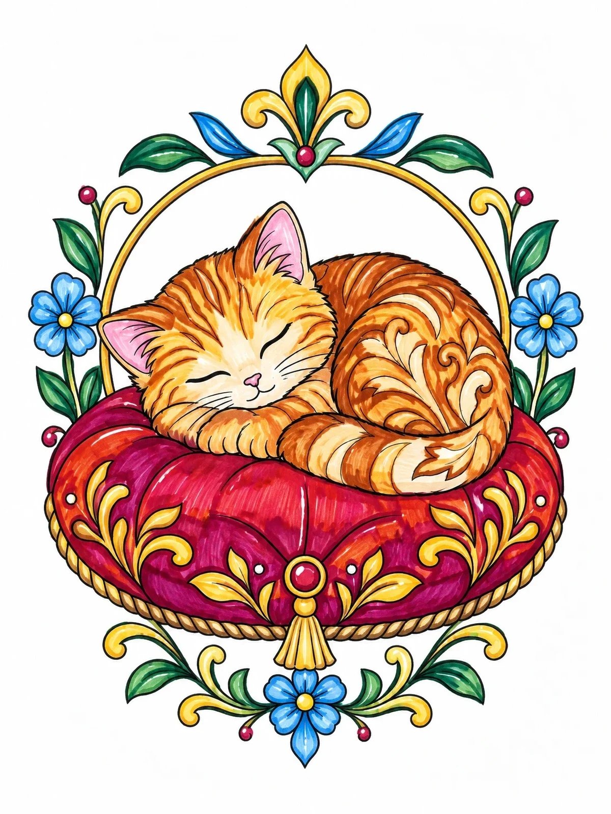 Colored example of the Sleeping Kitten On An Ornate Cushion coloring page