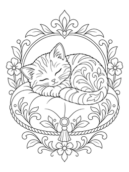 Free printable Sleeping Kitten On An Ornate Cushion coloring page
