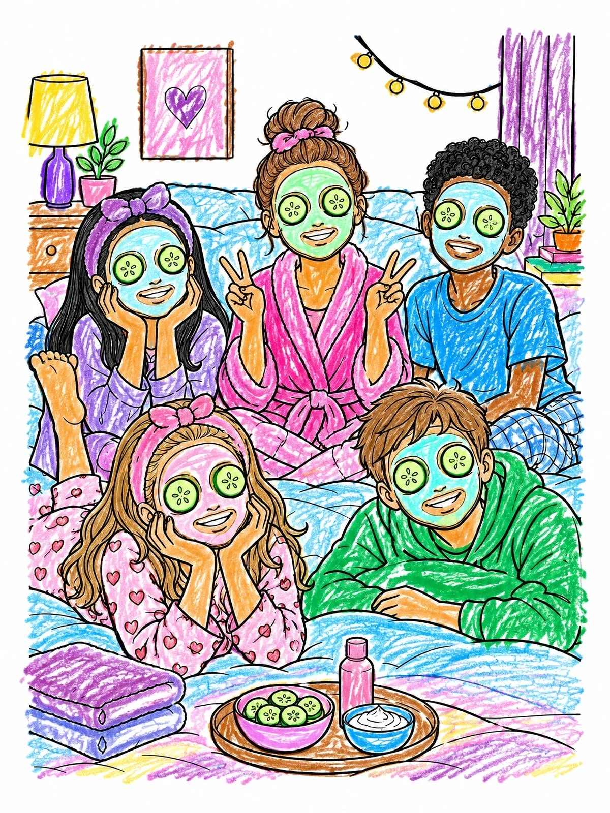 Colored example of the Spa Night Pajama Party coloring page