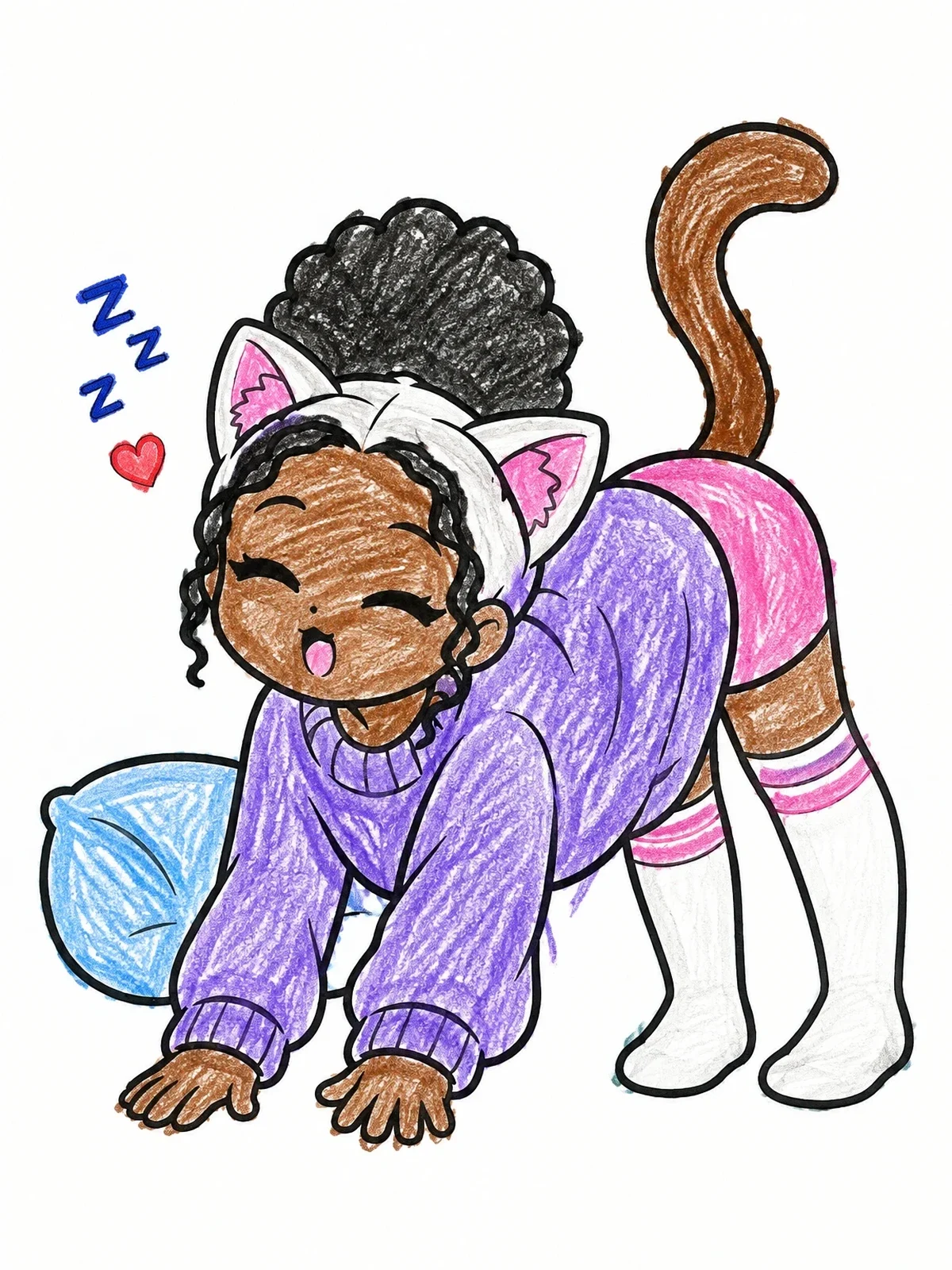 Colored example of the Sleepy Anime Cat Girl Stretching coloring page