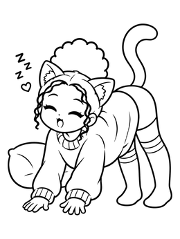 Free printable Sleepy Anime Cat Girl Stretching coloring page
