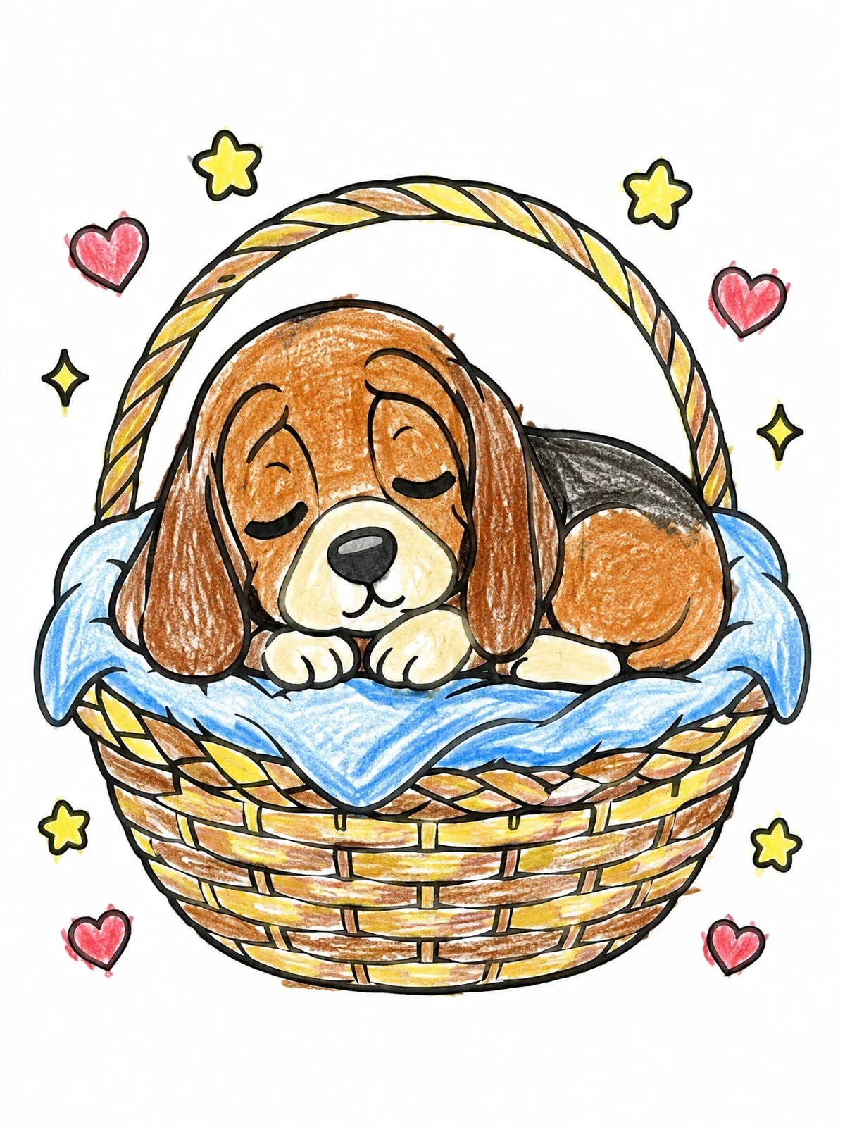 Colored example of the Sleepy Bloodhound Puppy In A Basket coloring page
