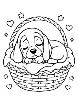 Free printable Sleepy Bloodhound Puppy In A Basket coloring page