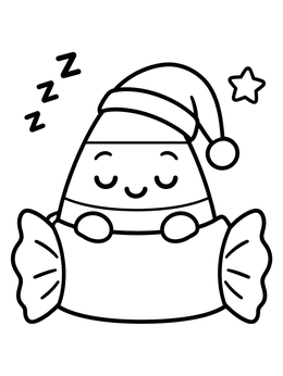 A cute candy corn coloring page featuring a sleeping candy character in a nightcap.