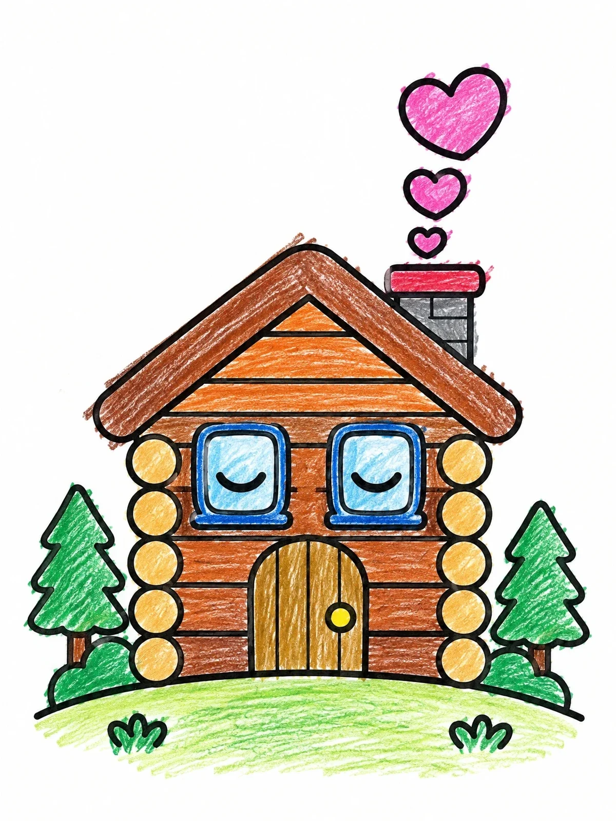 Colored example of the Sleepy Cartoon Log Cabin coloring page
