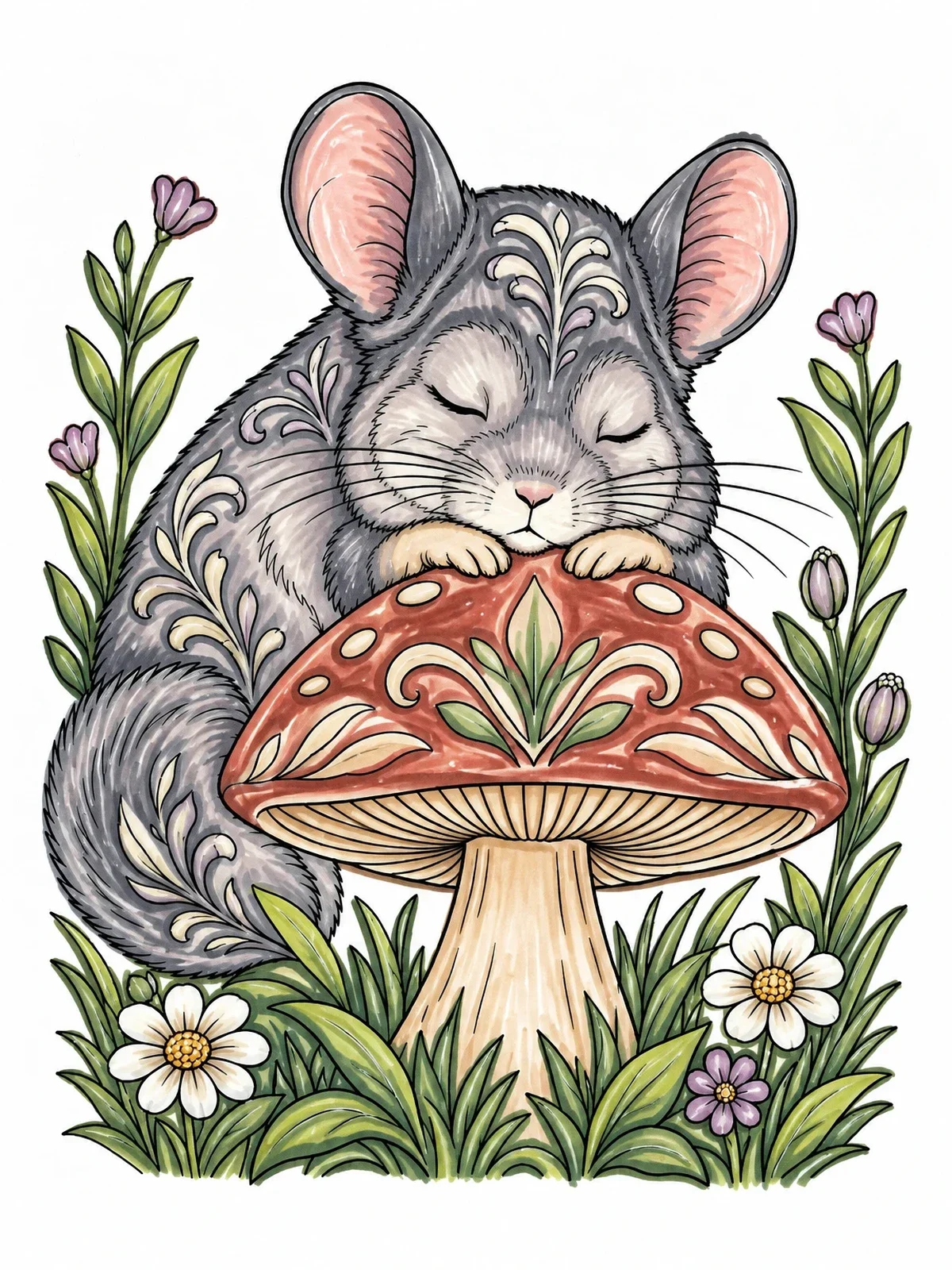 Colored example of the Sleepy Chinchilla On A Mushroom coloring page