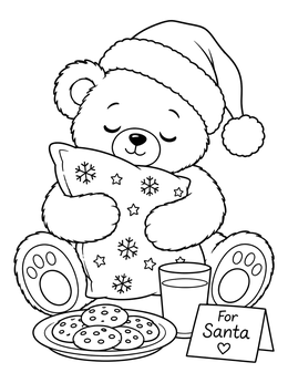 A cute christmas bear coloring page with cookies, milk, and a festive pillow.