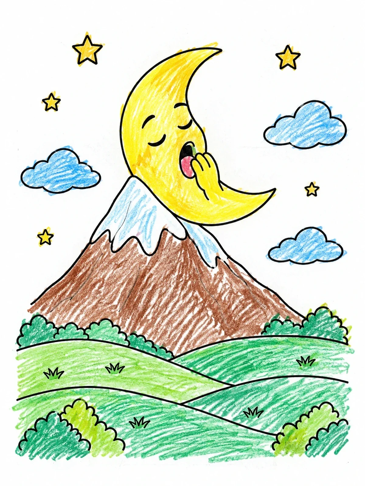 Colored example of the Sleepy Crescent Moon On Mountain Peak coloring page