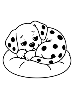 A sleepy puppy rests on a soft cushion in this dalmatian coloring page.