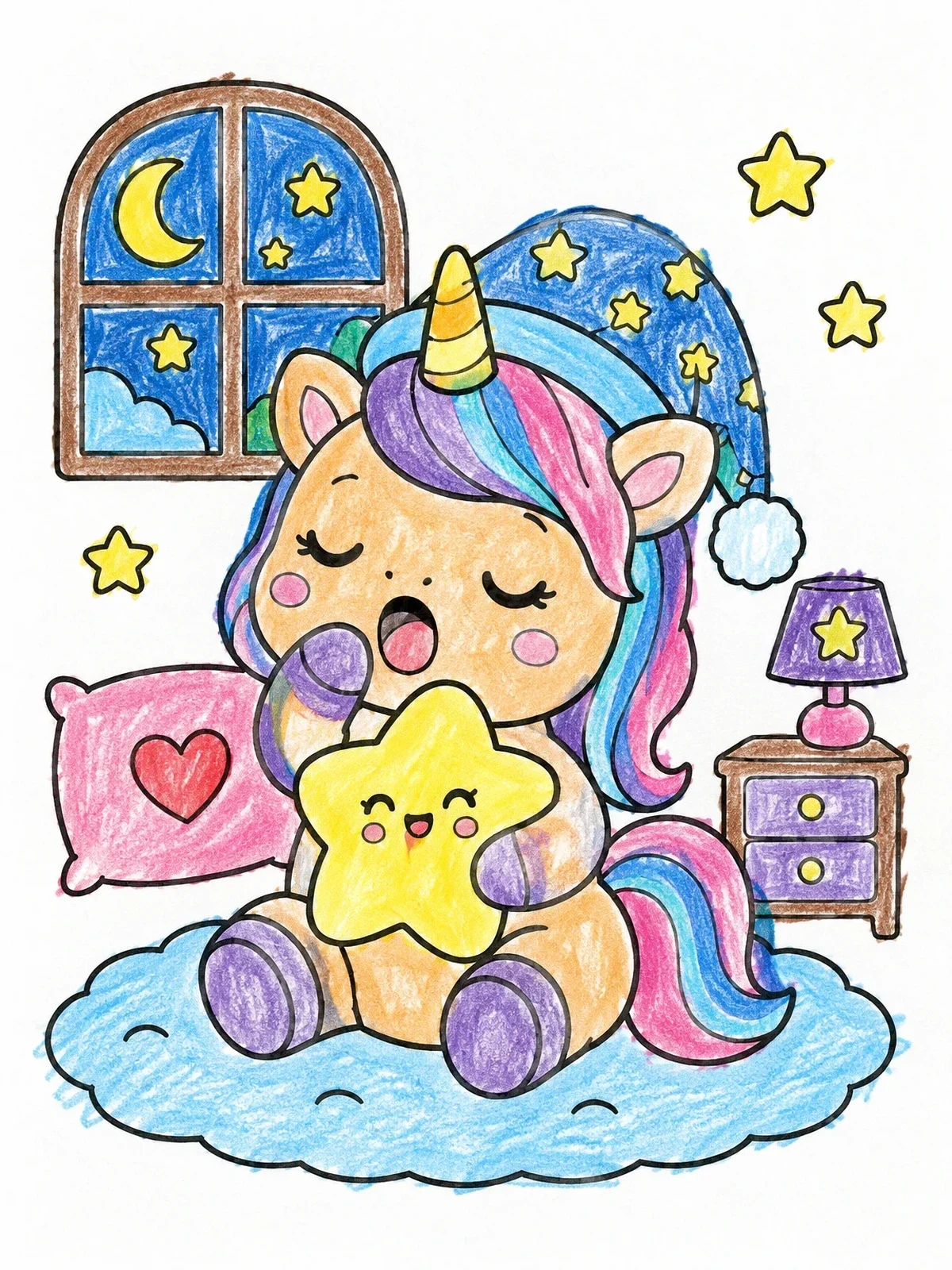 Colored example of the Sleepy Kawaii Unicorn At Bedtime coloring page