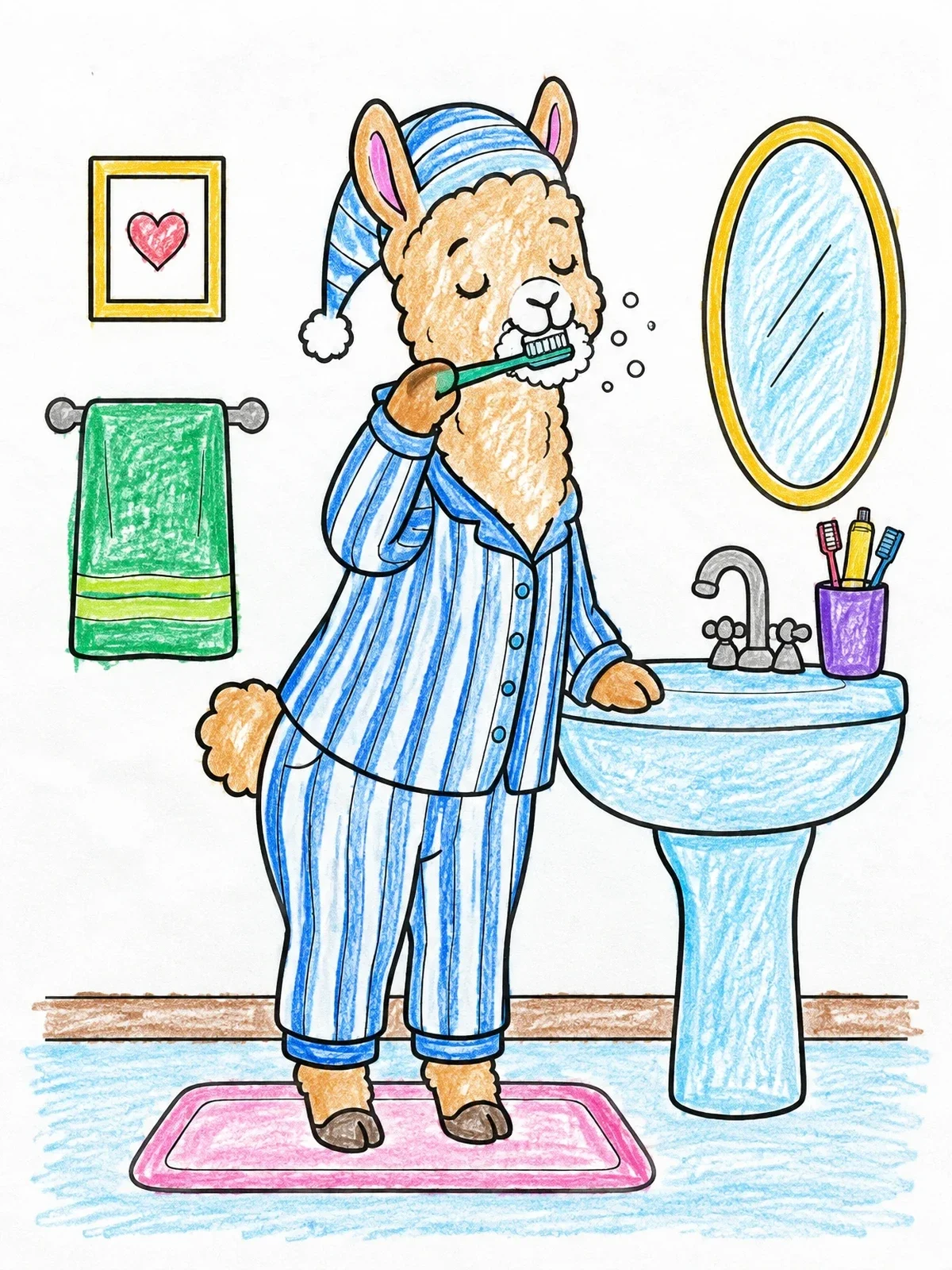 Colored example of the Sleepy Llama Brushing Its Teeth coloring page