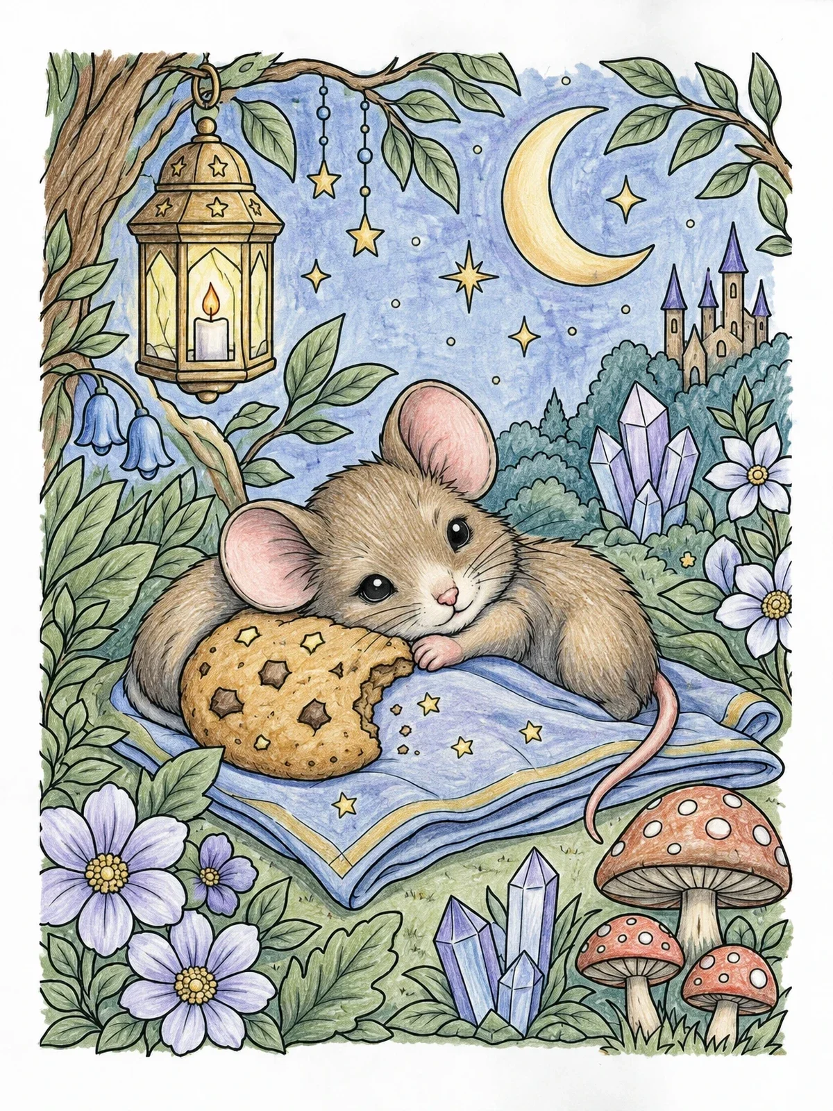 Colored example of the Sleepy Mouse With Nighttime Cookie coloring page